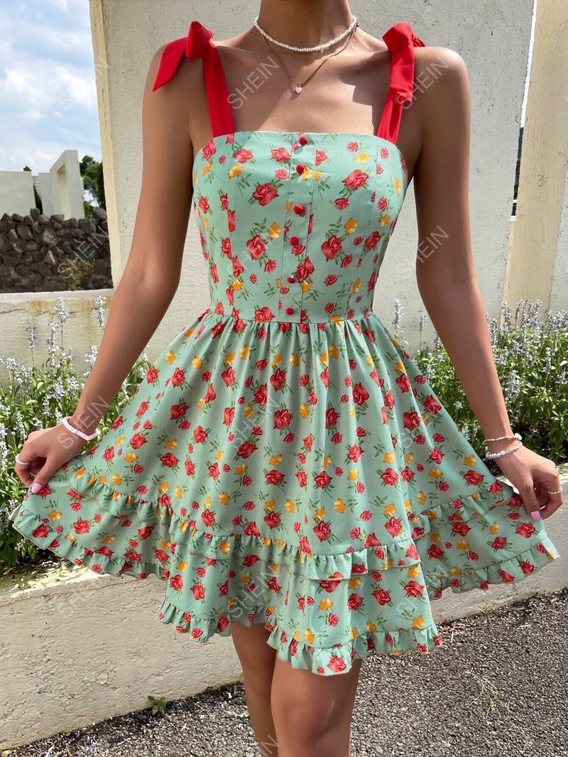 SHEIN VCAY Nó Camada Tiered Folhado Botões na frente Floral Estampa em toda a parte Boho Vestido