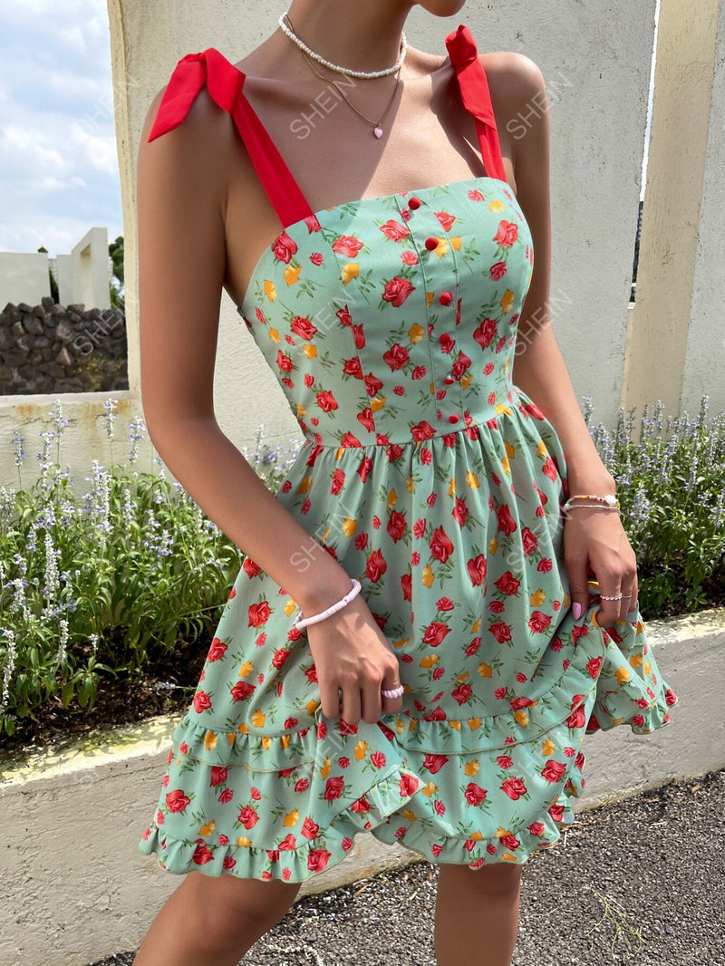 SHEIN VCAY Nó Camada Tiered Folhado Botões na frente Floral Estampa em toda a parte Boho Vestido