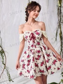 SHEIN MOD Vestido impressão floral fora do ombro cadarço na frente