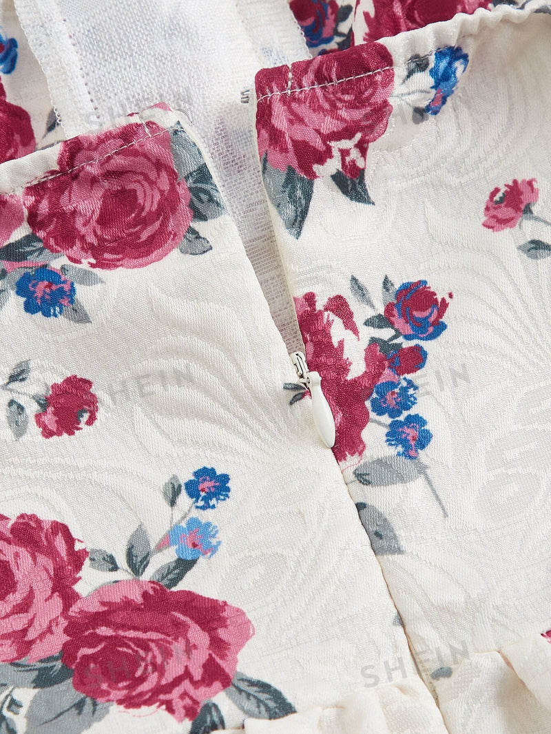 SHEIN MOD Vestido impressão floral fora do ombro cadarço na frente