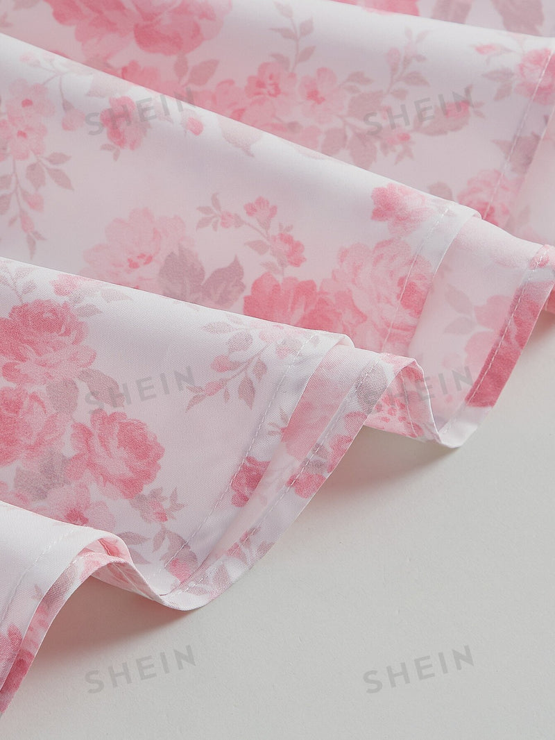 SHEIN MOD Vestido impressão floral cadarço na frente manga bufante
