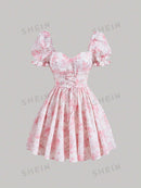 SHEIN MOD Vestido impressão floral cadarço na frente manga bufante