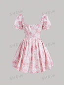 SHEIN MOD Vestido impressão floral cadarço na frente manga bufante