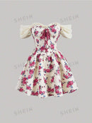 SHEIN MOD Vestido impressão floral fora do ombro cadarço na frente