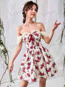 SHEIN MOD Vestido impressão floral fora do ombro cadarço na frente