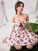 SHEIN MOD Vestido impressão floral fora do ombro cadarço na frente