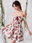 SHEIN MOD Vestido impressão floral fora do ombro cadarço na frente
