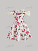 SHEIN MOD Vestido impressão floral fora do ombro cadarço na frente