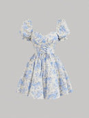 SHEIN MOD Vestido impressão floral cadarço na frente manga bufante