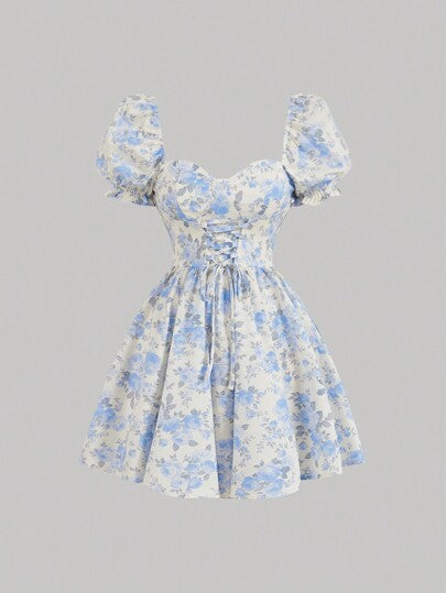 SHEIN MOD Vestido impressão floral cadarço na frente manga bufante