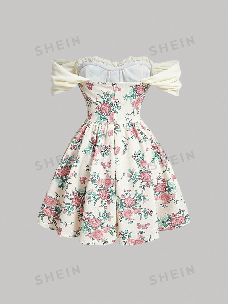 SHEIN MOD Vestido Feminino Floral Off Shoulder Com Decoração De Laço
