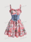 SHEIN MOD Vestido Mini Estilo País Feminino Com Estampa De Patchwork, Bloqueio De Cores E Amarração Na Cintura