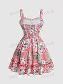 SHEIN MOD Vestido Mini Estilo País Feminino Com Estampa De Patchwork, Bloqueio De Cores E Amarração Na Cintura