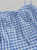 SHEIN MOD Vestido Curto De Verificação Azul E Branco Vichy Para Mulheres, Ideal Para Primavera, Praia Ou Férias No Campo