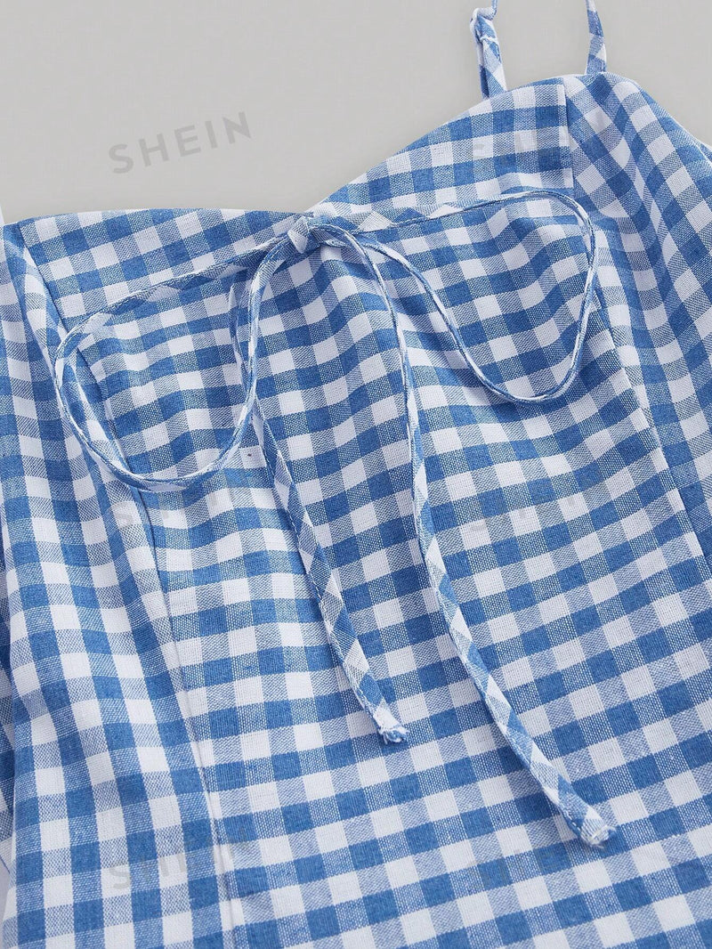 SHEIN MOD Vestido Curto De Verificação Azul E Branco Vichy Para Mulheres, Ideal Para Primavera, Praia Ou Férias No Campo