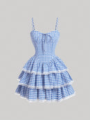 SHEIN MOD Vestido Curto De Verificação Azul E Branco Vichy Para Mulheres, Ideal Para Primavera, Praia Ou Férias No Campo