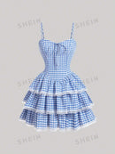 SHEIN MOD Vestido Curto De Verificação Azul E Branco Vichy Para Mulheres, Ideal Para Primavera, Praia Ou Férias No Campo