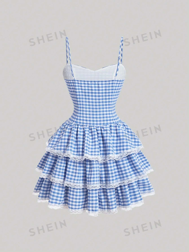 SHEIN MOD Vestido Curto De Verificação Azul E Branco Vichy Para Mulheres, Ideal Para Primavera, Praia Ou Férias No Campo