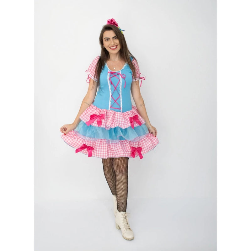 Vestido de Festa Junina Caipira Xadrex Adulto Turquesa envio já (0011A)