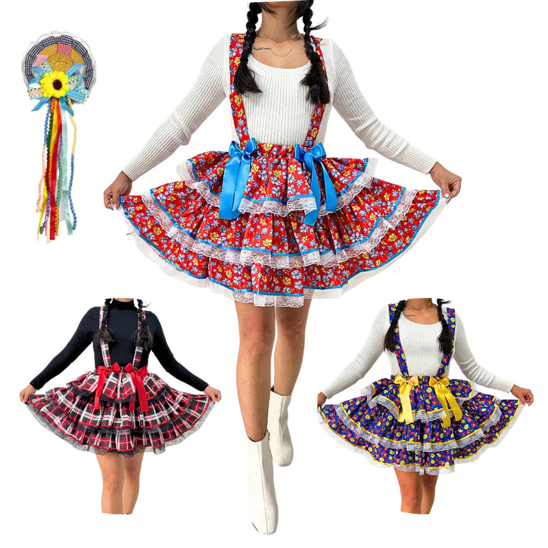Saia Rodada Curta Caipira Festa Junina Quadrilha Arraiá São João Adulta Enfeite de Cabelo Chapéu Caipira Palha