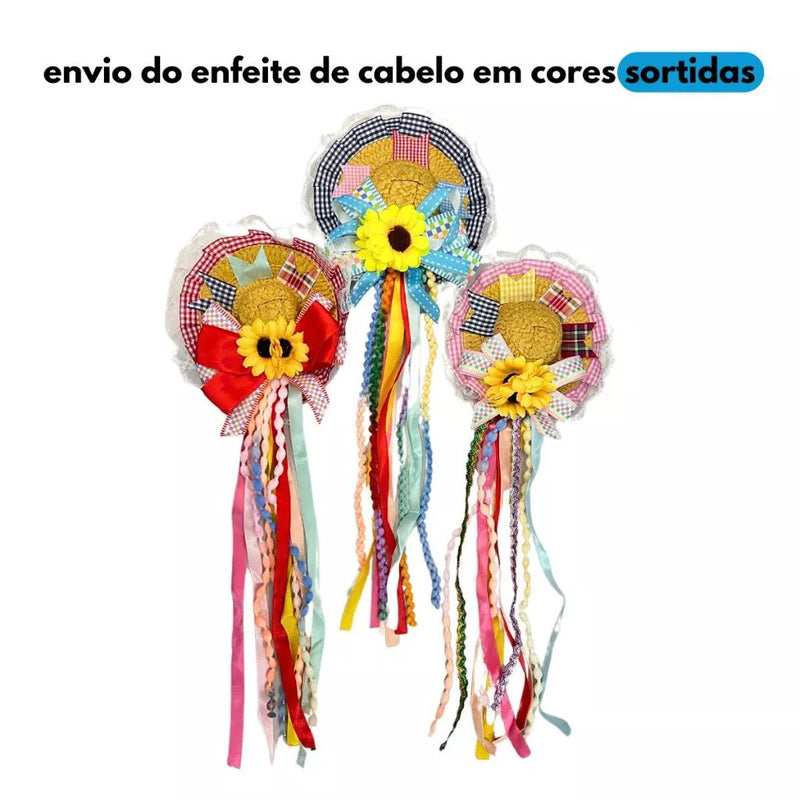 Saia Rodada Curta Caipira Festa Junina Quadrilha Arraiá São João Adulta Enfeite de Cabelo Chapéu Caipira Palha