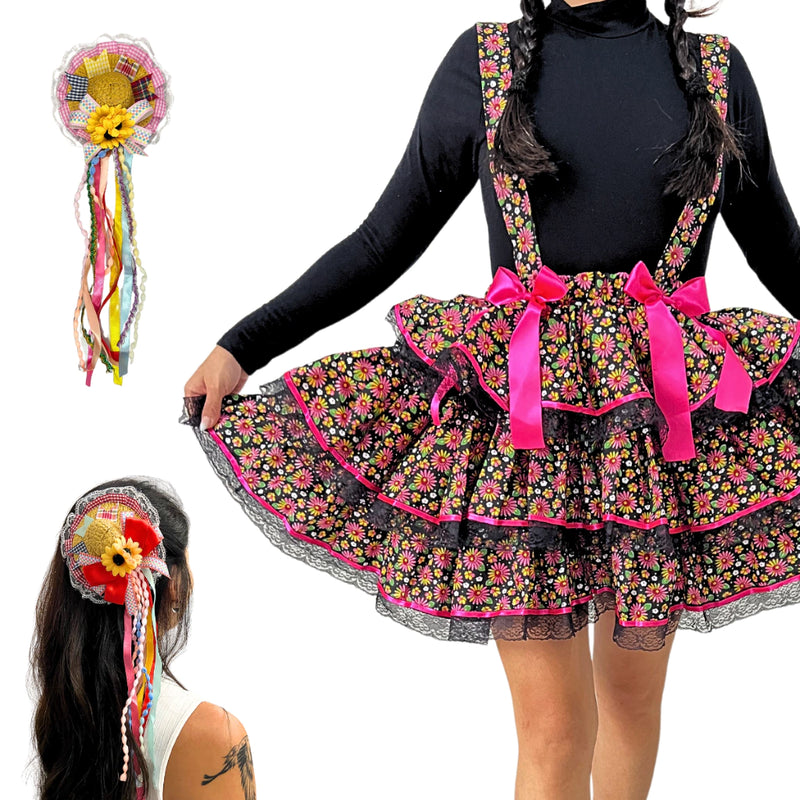 Saia Rodada Curta Caipira Festa Junina Quadrilha Arraiá São João Adulta Enfeite de Cabelo Chapéu Caipira Palha