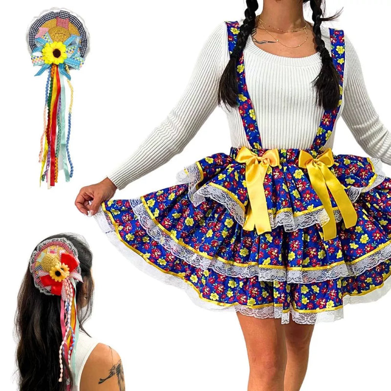 Saia Rodada Curta Caipira Festa Junina Quadrilha Arraiá São João Adulta Enfeite de Cabelo Chapéu Caipira Palha